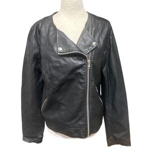 Forever 21 Black Faux Leather Collarless Jacket with Silver Accents L